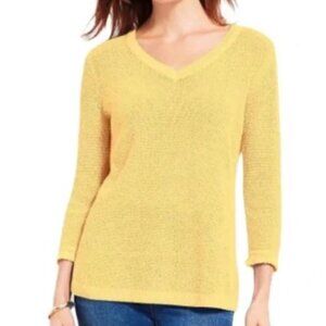 Talbots TEXTURED V-NECK Yellow FRINGED-TRIMMED 3/4 SLEEVE Size M Petite